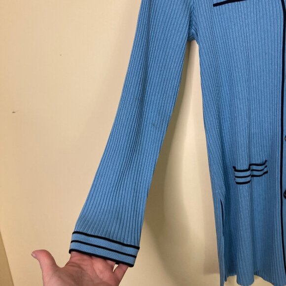 Exclusively Misook Womens M Blue Ribbed Long Cardigan Sweater Acrylic Flawed - Picture 8 of 11